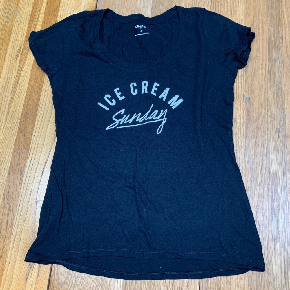 Express Ice Cream Sunday Graphic Tee Black Short Sleeve Scoop Neck Womens Medium